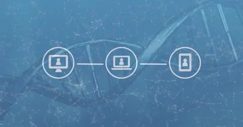 Displaying trio of linked device icons floating on blue gradient, with faint DNA Illustrazione stock