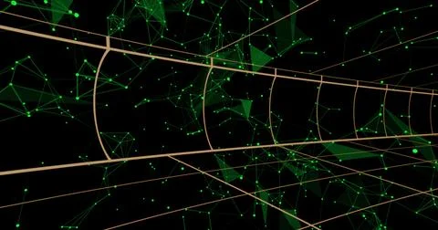 Displaying tunnel-like triangular mesh of glowing green nodes, lines, beige Foto stock