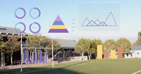 Displaying turf field at school with yard lines, two goalposts, building and Stock Photos