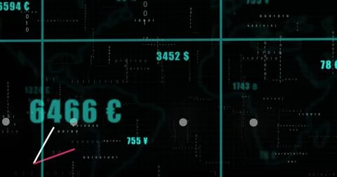Displaying turquoise 6466 € glowing left dashboard, with teal grid, binary, 스톡 일러스트