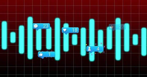 Displaying turquoise audio waveform bars in digital dashboard UI with grid lines Stock Photos