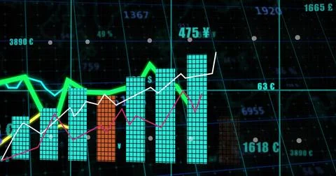 Displaying turquoise bars featuring orange bar, spiking white green pink lines 写真素材
