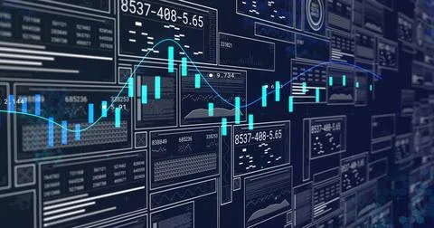 Displaying turquoise candlestick chart centering on dark screen, showing cyan Stock Illustration