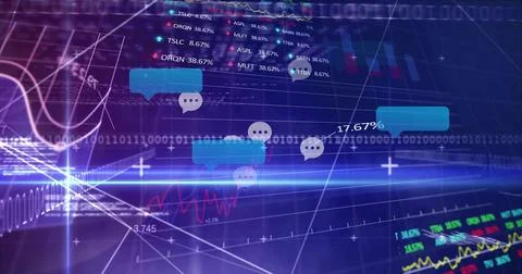 Displaying turquoise chat bubbles with ellipsis on trade dashboard, showing Stock Illustration