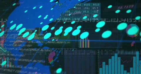 Displaying turquoise data points over dark interface, showing code, tables, Foto stock
