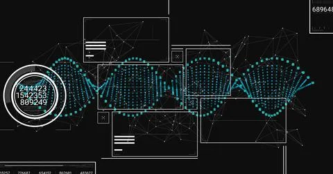 Displaying turquoise dotted waveform streaming across layered GUI, with イラスト素材