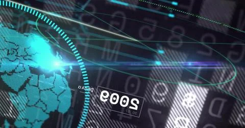 Displaying turquoise globe rotating in segmented HUD on left, with 2003 data Stock Illustration