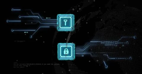 Displaying turquoise key and padlock icons linking circuits in security screen, Stockillustratie