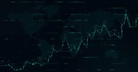 Displaying turquoise line graph tracking global data trends on dashboard, with Stock Photos
