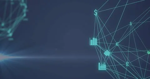 Displaying turquoise network on blue gradient, with dollar, bar chart and Foto stock