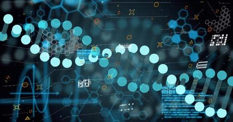 Displaying turquoise-node DNA-helix winding across virtual dashboard, with Stock Illustration