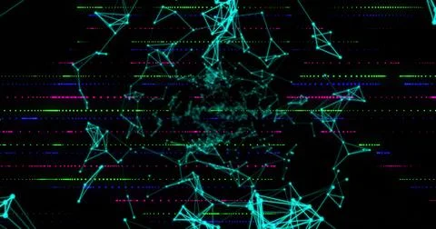 Displaying turquoise nodes and lines in cyberspace, with neon dotted dashes in Stock Photos
