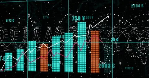 Displaying turquoise orange bar chart showing white and magenta lines on dark イラスト素材
