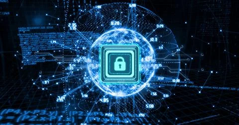 Displaying turquoise padlock in microchip square on dark digital network, Stock Photos