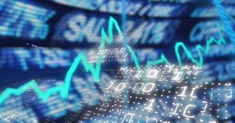 Displaying turquoise trend line streaming across trading screen, with dotted Illustrazione stock