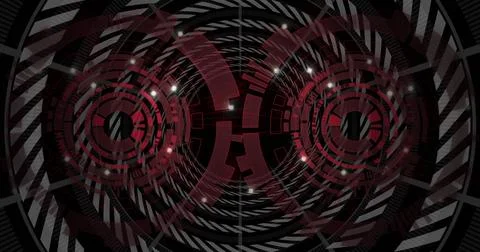 Displaying twin red concentric interfaces glowing at center of virtual tunnel, Illustrazione stock