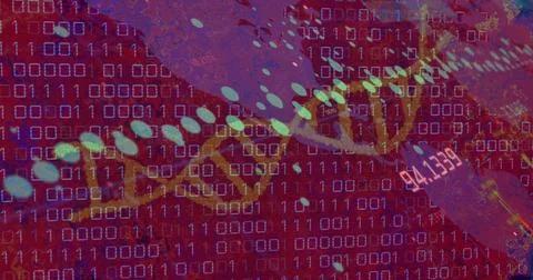 Displaying twisting DNA helix in virtual lab, with binary grid, data nodes and Stock Illustration