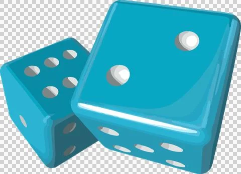 Displaying two 3D turquoise dice with white pips floating on transparent Stock Illustration