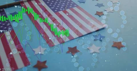 Displaying two American flags flanking candlestick charts on blue surface, with 스톡 일러스트