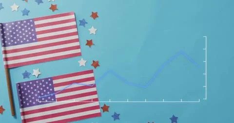 Displaying two American flags on sticks lying on tabletop, with confetti, line Stock Photos