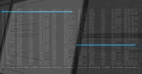 Displaying two angled computer monitors showing terminal tabular text at desk Foto stock