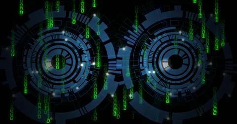 Displaying two blue concentric circular HUDs in dark virtual UI, with falling 库存插图