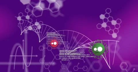 Displaying two cartoon viruses floating along white wireframe helix in lab, with Stock Illustration