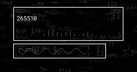 Displaying two centered white data panels on blackboard showing 265510, Stock Illustration