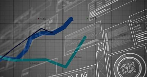 Displaying two colored line graphs ascending on dashboard grid panel, with gauge Illustrazione stock