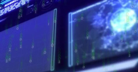 Displaying two digital panels streaming binary code in cyber command center, 写真素材