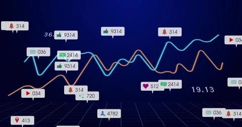 Displaying two fluctuating line graphs on digital dashboard grid floor, with Stock Illustration