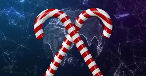 Displaying two glossy candy canes crossing in digital artwork, with dotted globe Stockillustratie
