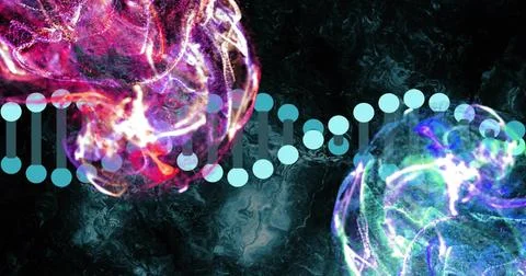 Displaying two glowing molecular spheres linking with stylized DNA helix in d Stock Photos
