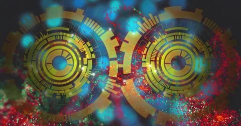 Displaying two gold concentric HUD motifs spinning and glowing in abstract tech Stock Photos