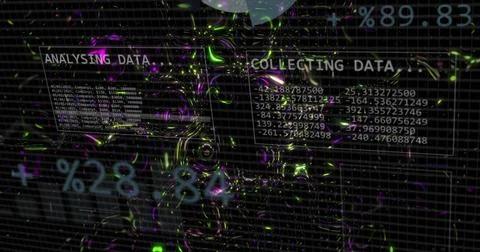 Displaying two holographic panels floating in 3D grid, showing numeric glyphs Stock Photos
