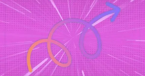 Displaying two intertwined gradient arrows on magenta halftone backdrop, with Stockillustratie
