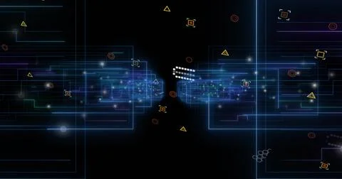 Displaying two luminous data clusters sending via white pixel bridge across Illustrazione stock