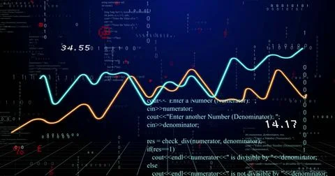 Displaying two neon waveform lines moving across dark 3D grid with numeric Stock Photos