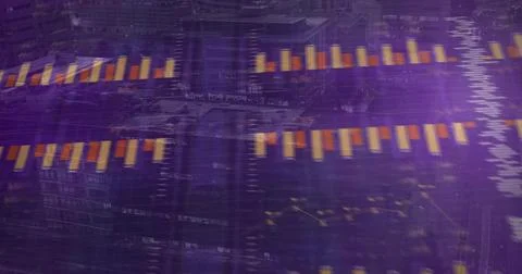 Displaying two parallel rows orange bars over cityscape with violet overlays, Stockfoto's