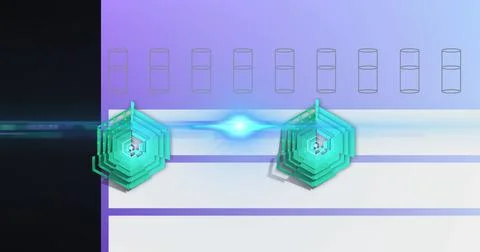 Displaying two radar charts in dashboard with blue lens flare, glitch streaks Ilustración de archivo