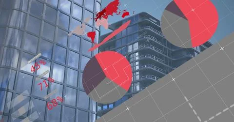 Displaying two red grey pie charts overlaying business district, with world map Stock Photos