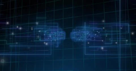 Displaying two symmetrical data clusters flowing in virtual network, with Stock Photos