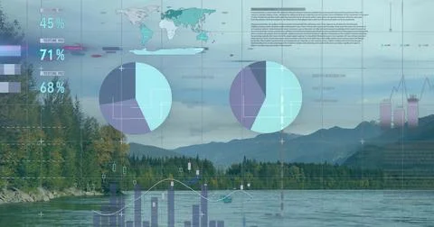 Displaying two transparent pie charts over waterway at lake, with world map, bar Stock Photos