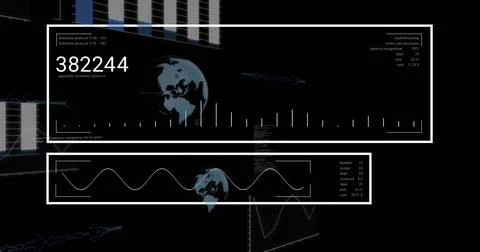 Displaying two white-framed data panels on dark dashboard, showing counter Illustrazione stock