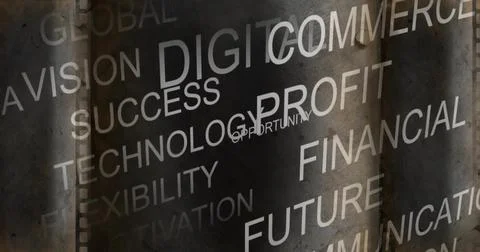Displaying typographic word cloud over grungy metal wall, showing rust panels Illustrazione stock