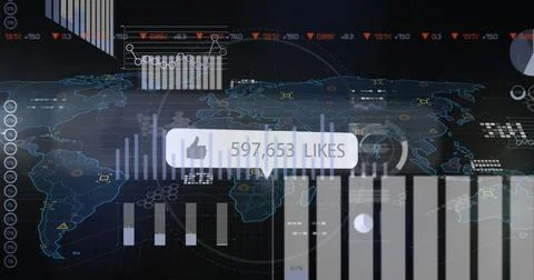 Displaying UI bubble showing thumbs-up icon and 597,653 likes on data dashboard, Stock Photos