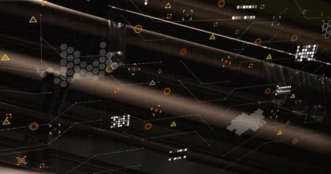 Displaying UI cutting beams in virtual space, with hex clusters, grid blocks, Stock Photos