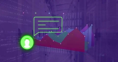 Displaying UI over purple server aisle, showing multicolor chart, neon bubble, Stock Photos