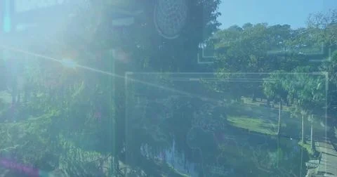 Displaying UI overlay mapping world data over pond path in city park with Stock Photos