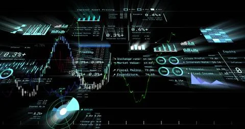 Displaying UI panels in digital space, with line, candlestick and gauge charts Stock Illustration